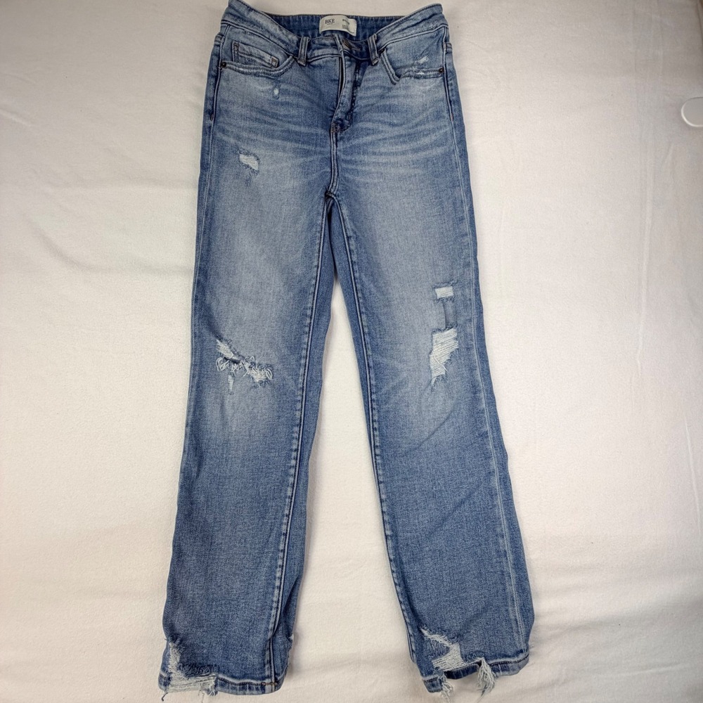 BKE Womens Billie Slim Straight Jeans 27x28 Blue Distressed Frayed Hem Denim